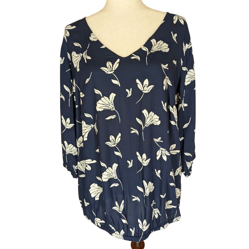 Juna Rose Blouse 3/4 Sleeve Navy White Floral Sheer Women's Size 14